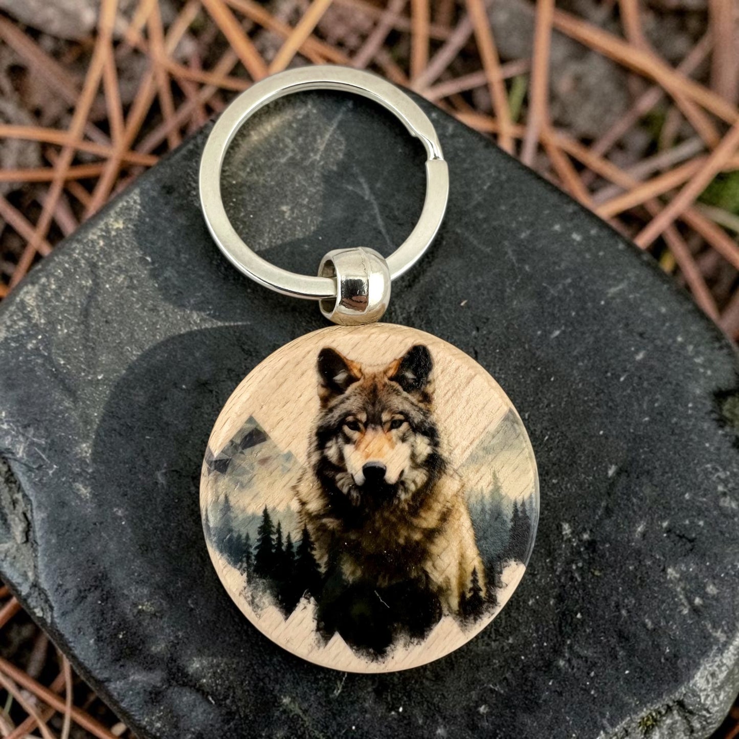 Wolf Wilderness Wooden Keychain Rustic Wolf & Mountain Forest Key Ring