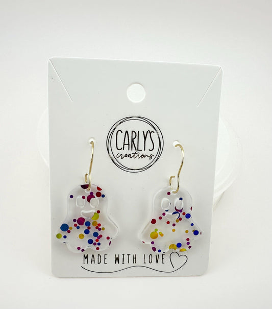 Colorful Ghost Acrylic Earrings with Gold Hooks – Fun Lightweight Halloween Statement Jewelry
