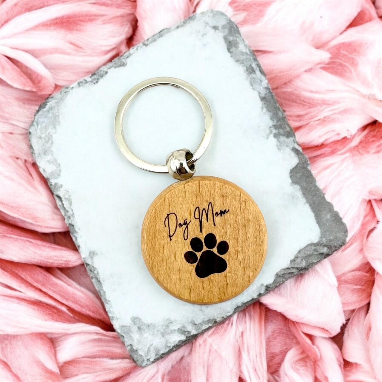 Cute laser engraved round keychain for dog Moms.