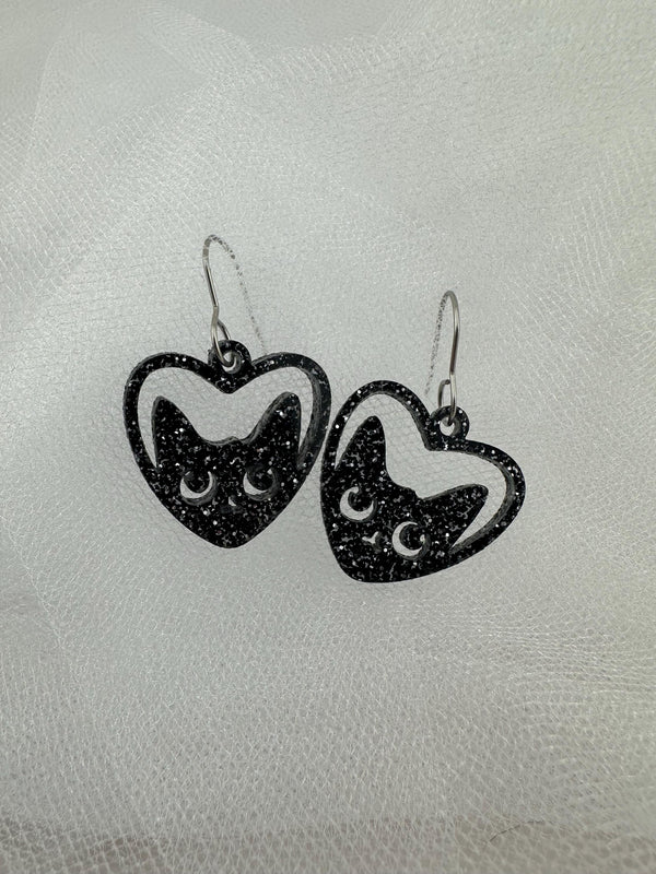 Black Glitter Cat Heart Acrylic Earrings – Lightweight Dangle Earrings for Cat Lovers & Halloween Style