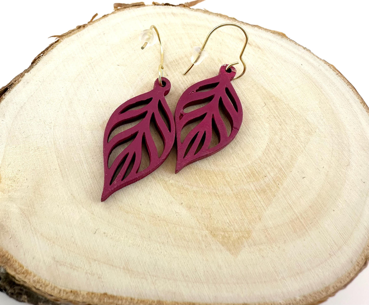 Wooden Leaf Earrings – Lightweight Fall Earrings – Nature Inspired Boho Jewelry – 5 Colors – Gold or Silver Hooks – Handmade Gift for Her”