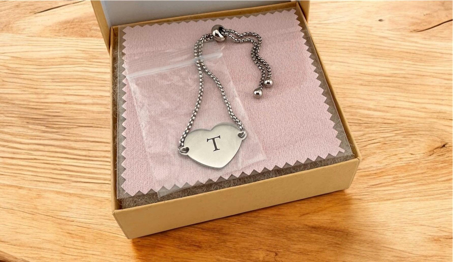 Initial heart bolo bracelet. Personalized adjustable bracelet. Birthday, Christmas, Mothers Day, Bridesmaid gift, or gift for yourself.