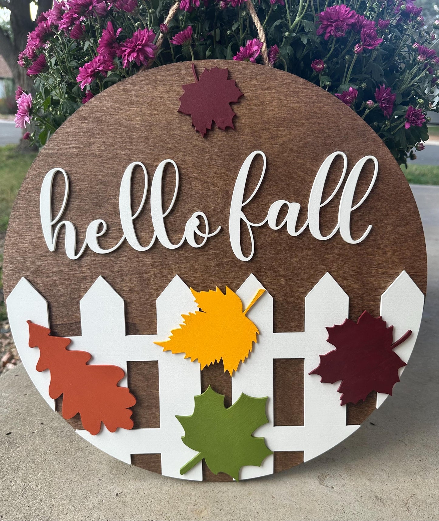 Hello Fall Wood Door Hanger | 16” Hand Painted Autumn Sign | Rustic Fall Front Door Decor | Farmhouse Porch Wreath Alternative