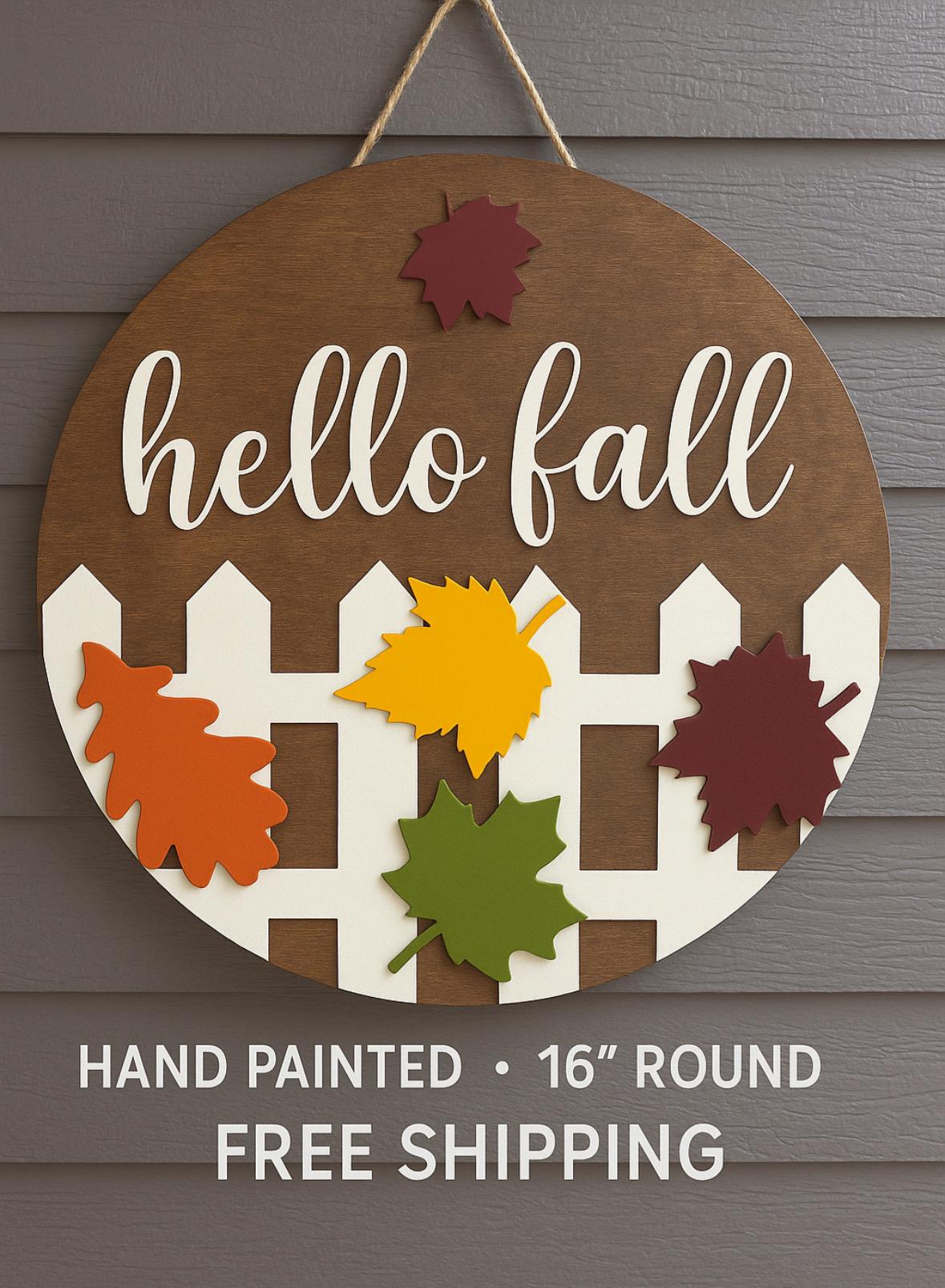 Hello Fall Wood Door Hanger | 16” Hand Painted Autumn Sign | Rustic Fall Front Door Decor | Farmhouse Porch Wreath Alternative