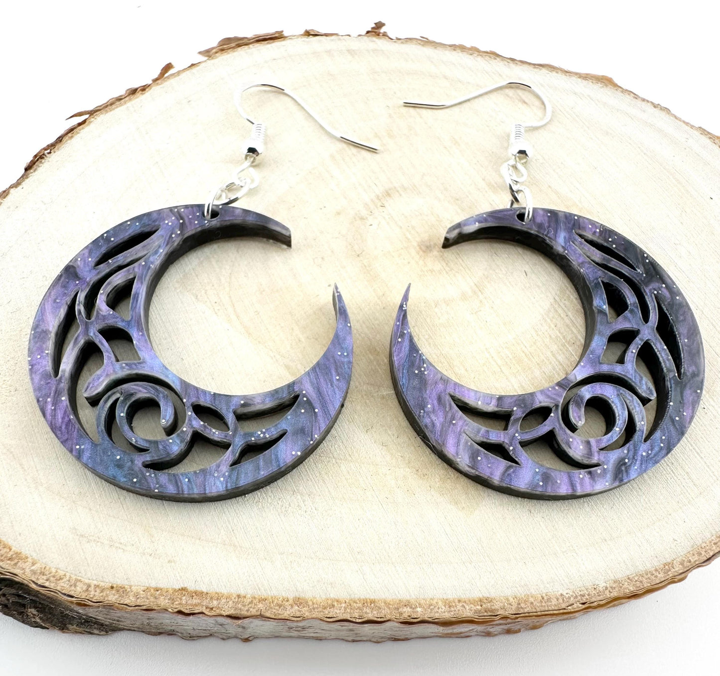 Galaxy Crescent Moon Acrylic Earrings | Purple Swirl Statement Jewelry | Lightweight Boho Earrings | Celestial Gift for Her